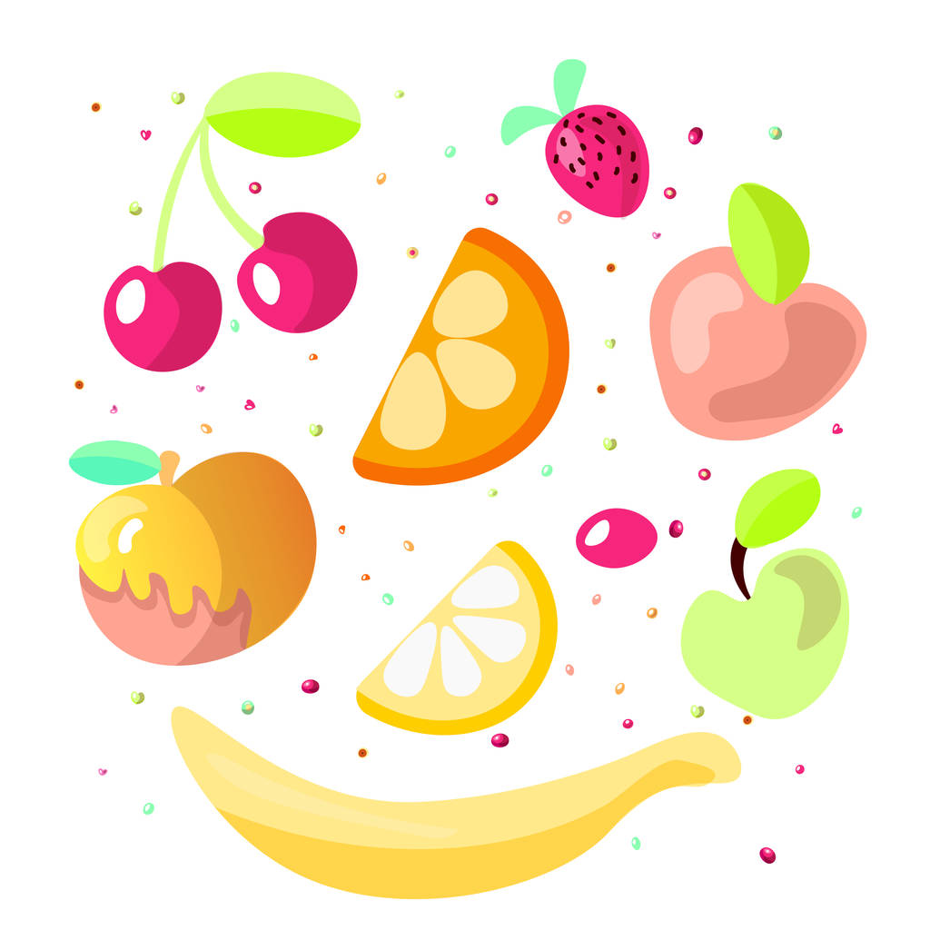 Мила колекція мультяшних фруктів. Іконка солодких фруктів, літні фруктові десерти ізольовані на білому тлі. Вишня, апельсин, лимон, яблуко і полуниця в одному мультяшному наборі. Літня солодка ілюстрація фруктів
 - Вектор, зображення