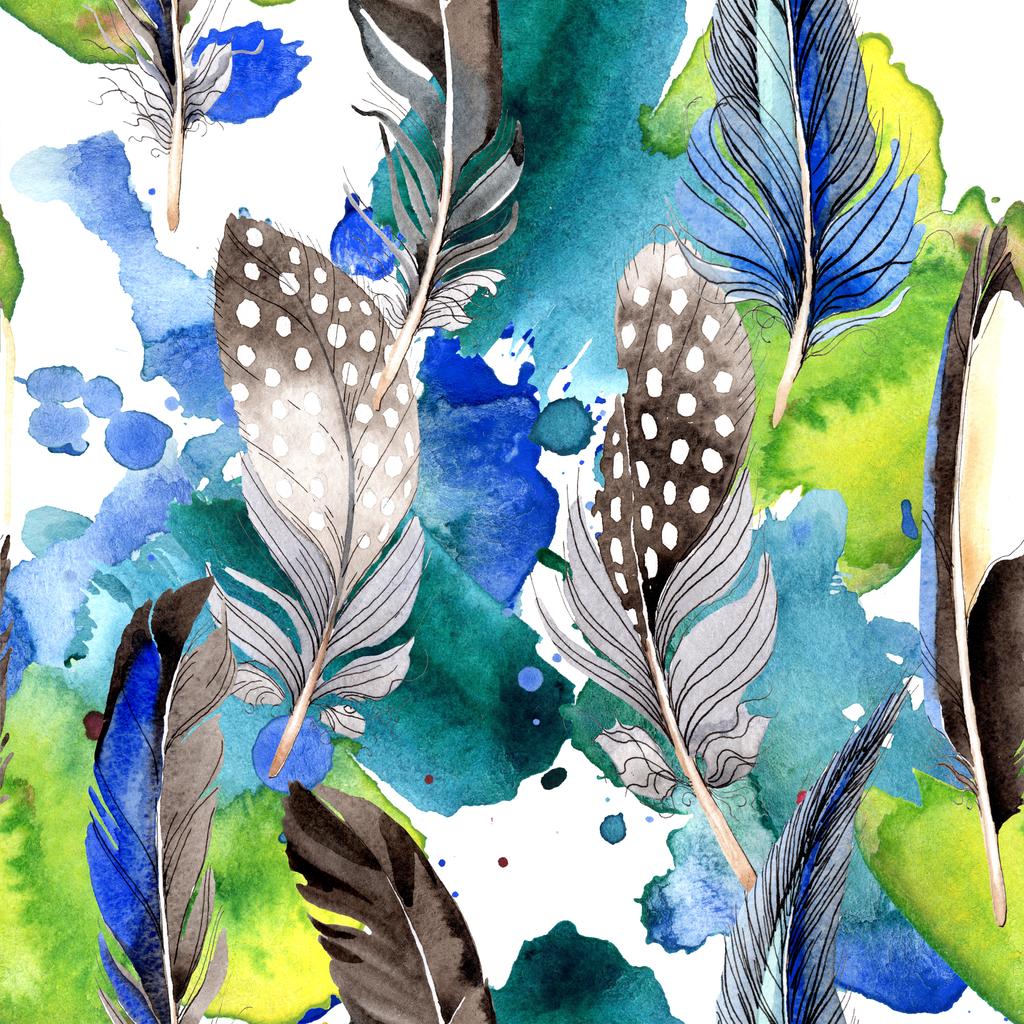 Bird feathers from wing. Watercolor background illustration set. Seamless background pattern. Fabric wallpaper print texture. - Photo, Image