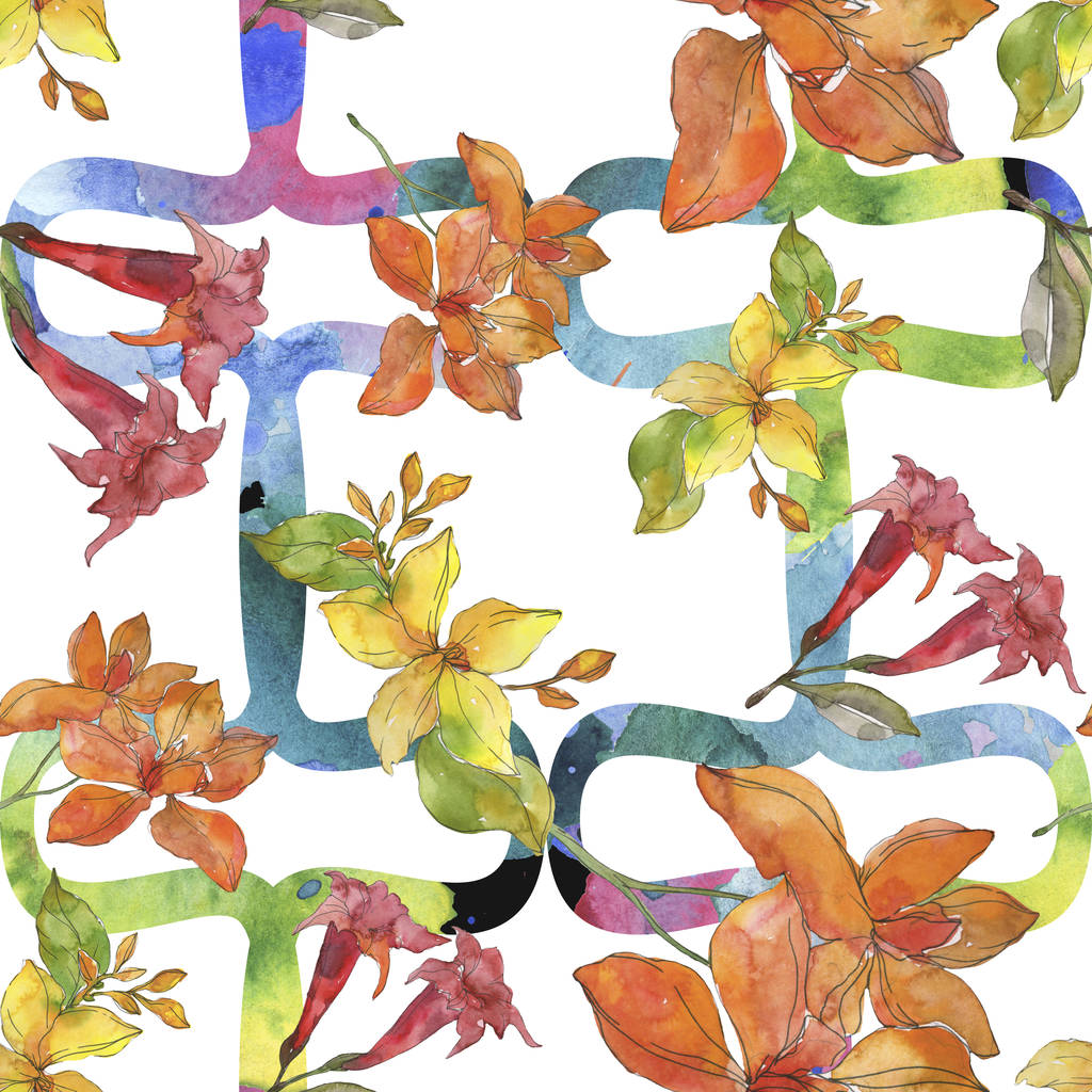 Rode en gele tropische botanische bloemen. Wild voorjaar blad geïsoleerd. Aquarel illustratie set. Aquarel tekenen mode aquarelle. Naadloze achtergrondpatroon. Structuur behang print textuur. - Foto, afbeelding