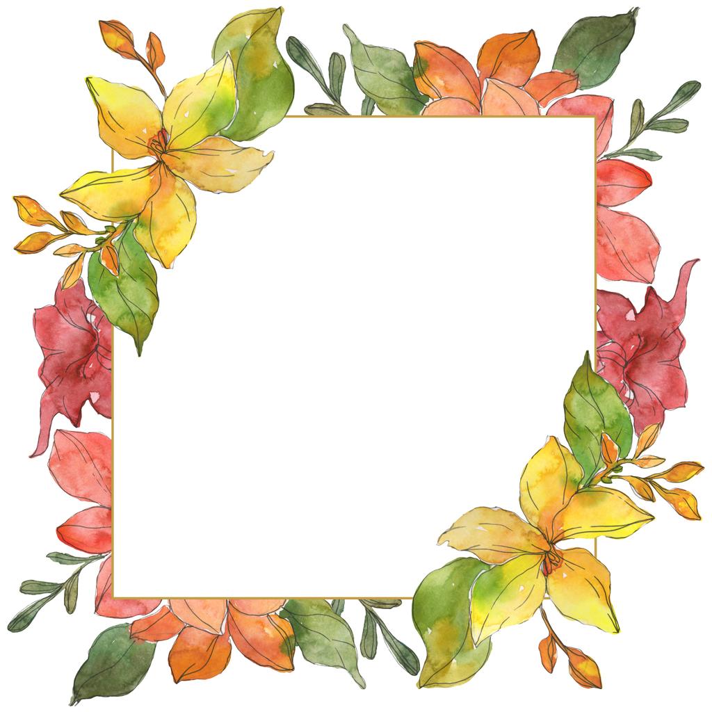 Red and yellow tropical floral botanical flowers. Wild spring leaf wildflower isolated. Watercolor background illustration set. Watercolour drawing fashion aquarelle. Frame border ornament square. - Photo, Image