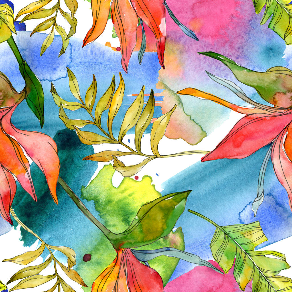 熱帯の花植物の花。エキゾチックな植物の葉が分離されました。水彩イラスト セット。水彩描画ファッション aquarelle。シームレスな背景パターン。壁紙印刷手触りの生地. - 写真・画像