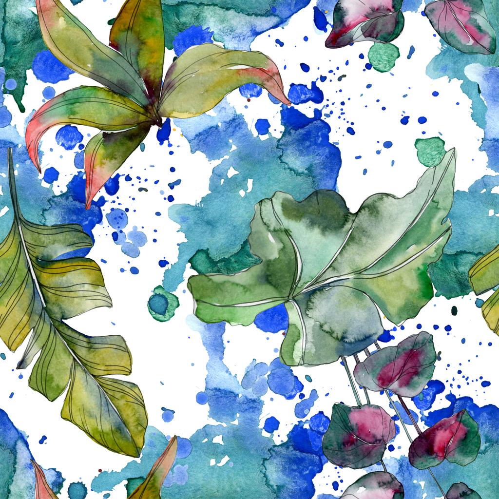 Zöld leveles növény botanikus. Egzotikus trópusi Hawaii nyári. Akvarell illusztráció készlet. Akvarell rajz divat aquarelle elszigetelt. Varratmentes háttérben minta. Anyagot a nyomtatási textúrát. - Fotó, kép