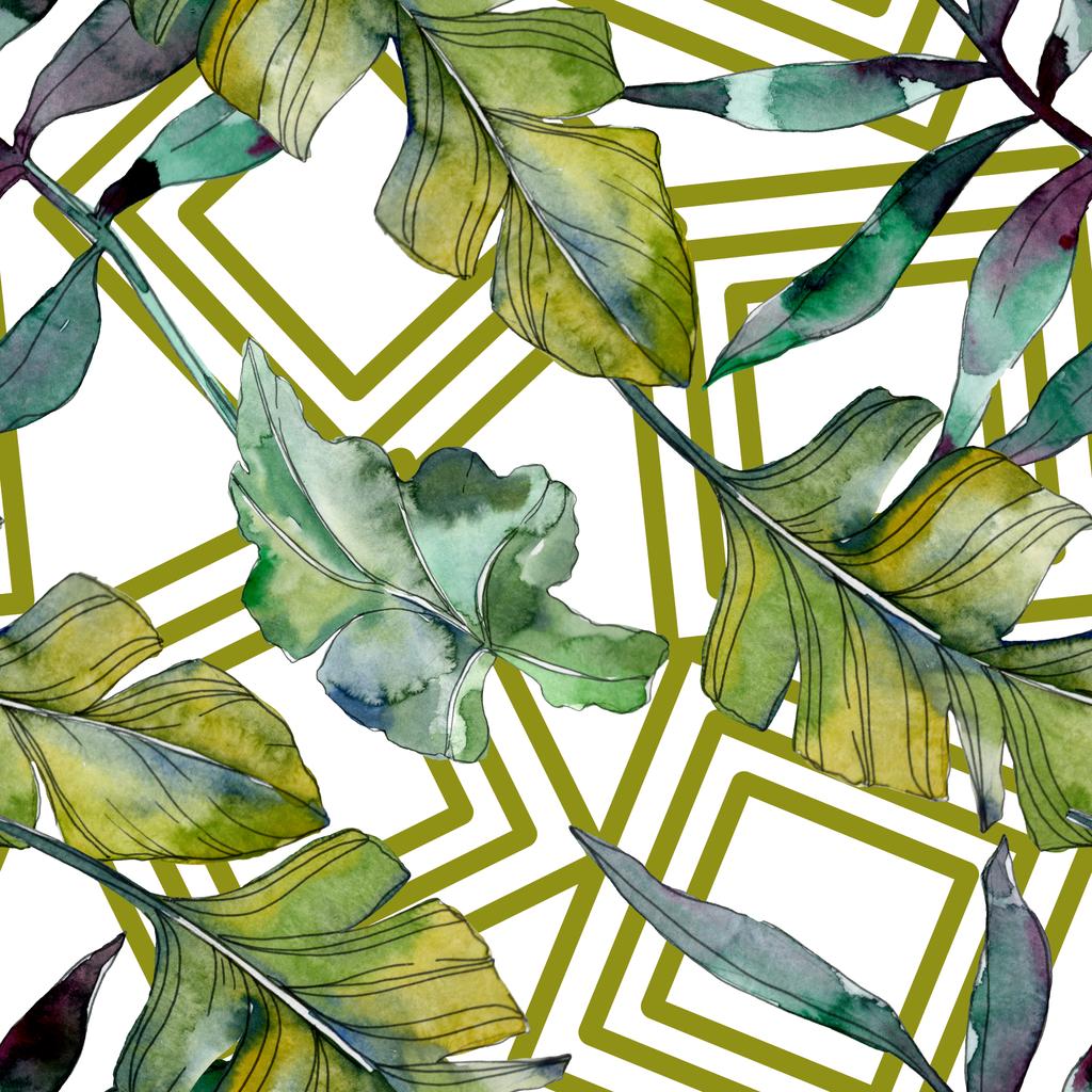 緑の葉の植物の植物 エキゾチックな熱帯のハワイアンの夏 水彩イラスト セット 水彩描画のファッション Aquarelle 分離します シームレスな背景 パターン 壁紙印刷手触りの生地 ロイヤリティフリー写真 画像素材