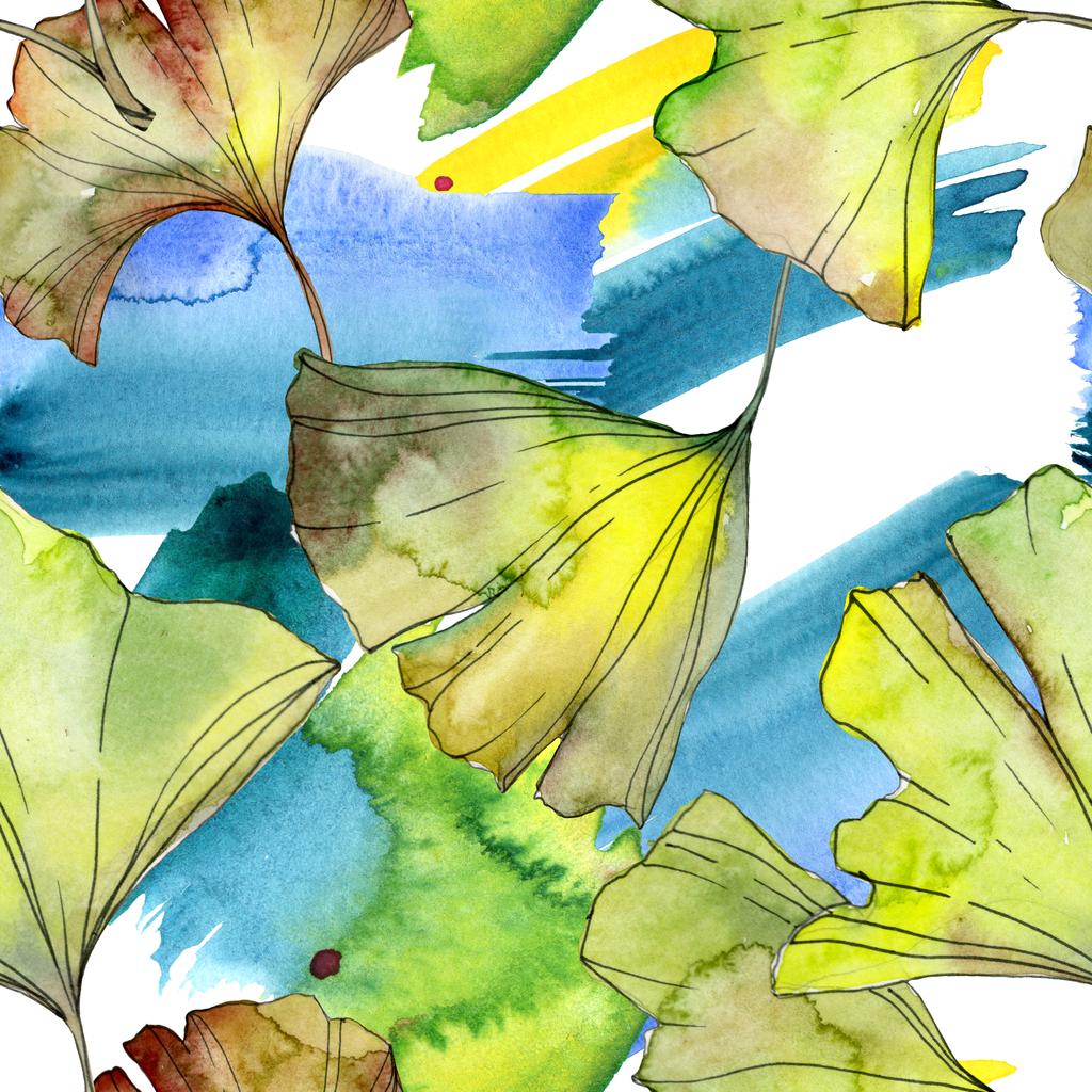 Yellow and green ginkgo biloba foliage watercolor illustration. Seamless background pattern.  - Photo, Image