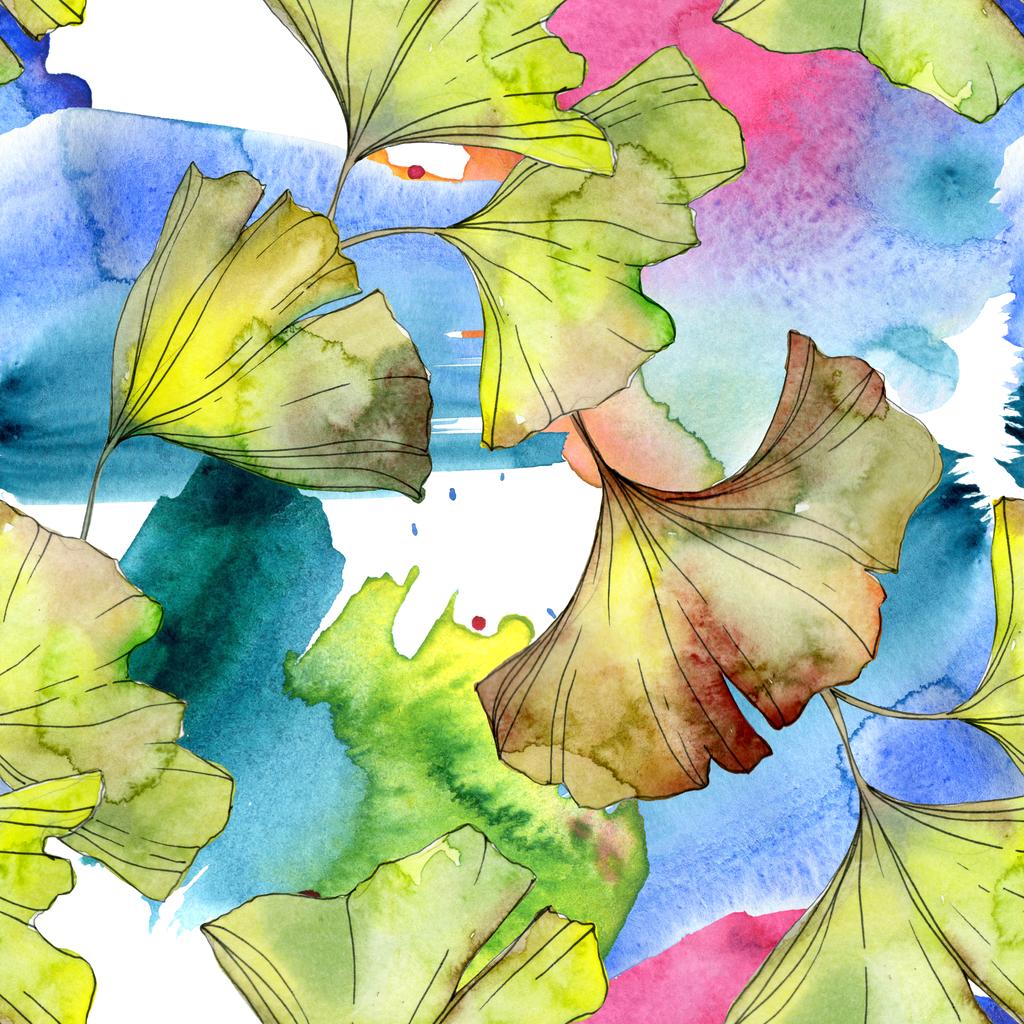 Желтая и зеленая акварельная иллюстрация листьев гинкго билоба. Бесшовный рисунок фона
.  - Фото, изображение