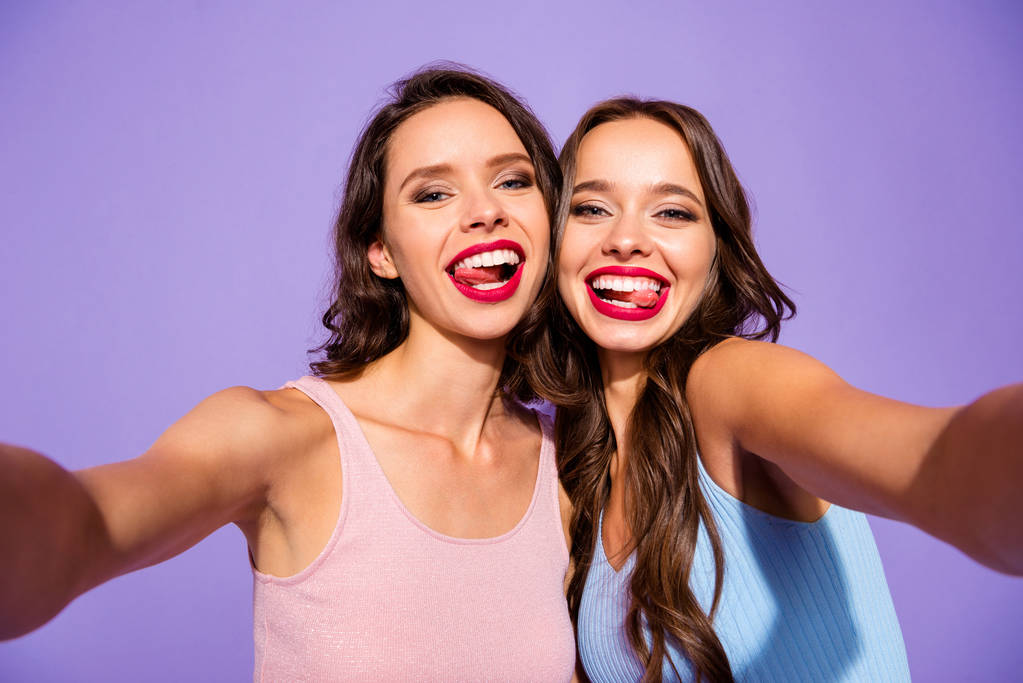 Close up photo fancy she her ladies white teeth bright pomade make take selfies celebrity maquillage cosmetics speak tell talk video call wear dresses isolated purple violet vivid vibrant background - Photo, Image