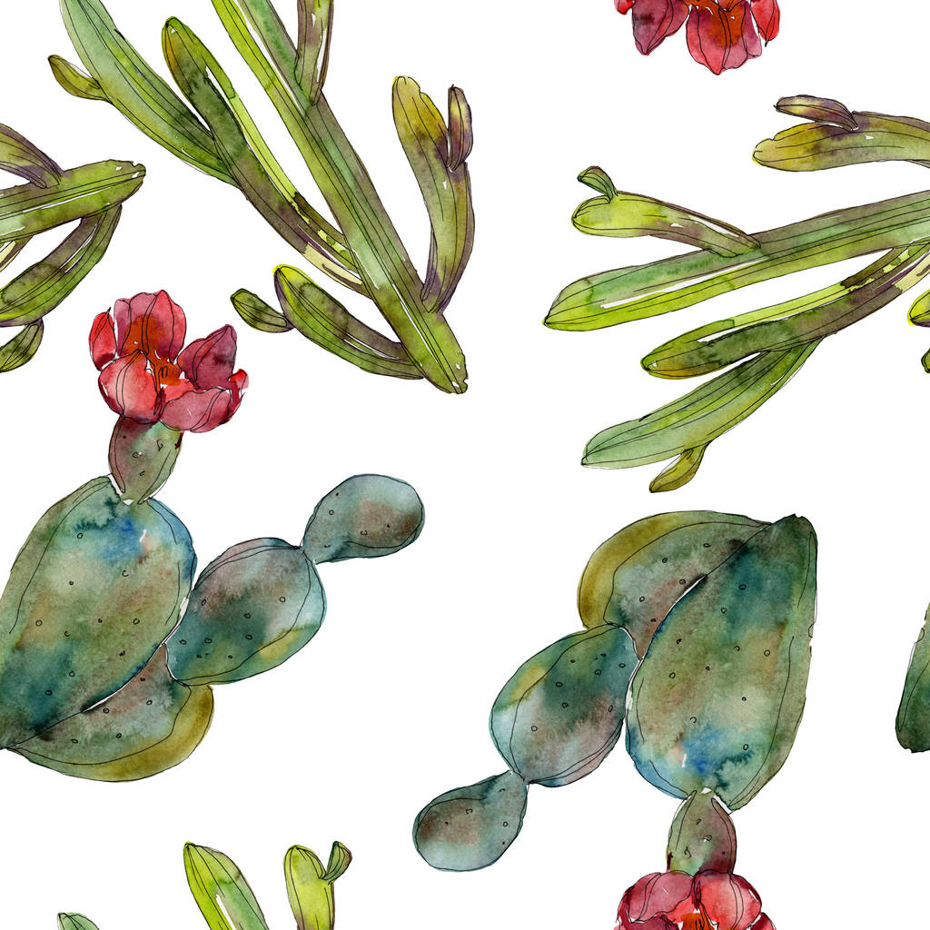 Зеленый набор акварельных иллюстраций кактусов. Бесшовный рисунок фона. Текстура ткани для печати обоев
. - Фото, изображение