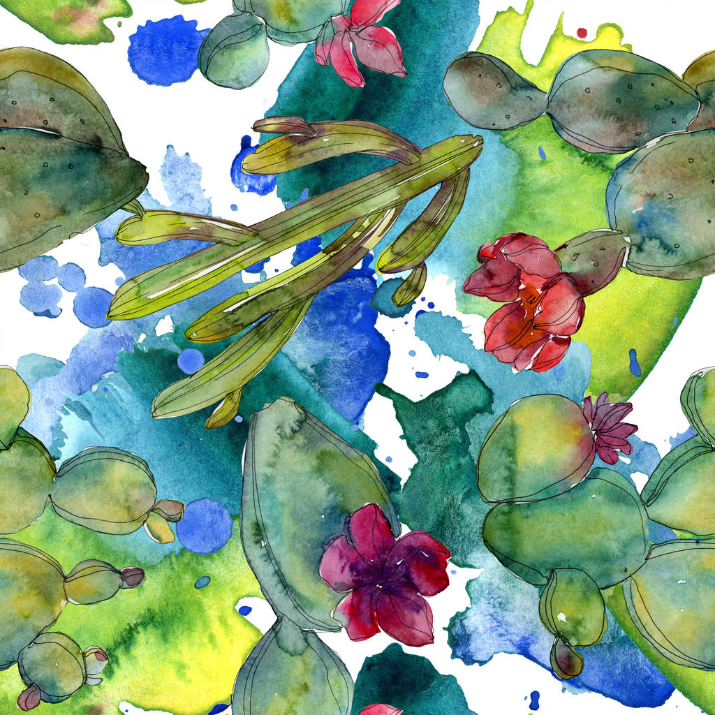 Green cacti watercolor illustration set. Seamless background pattern. Fabric wallpaper print texture. - Photo, Image