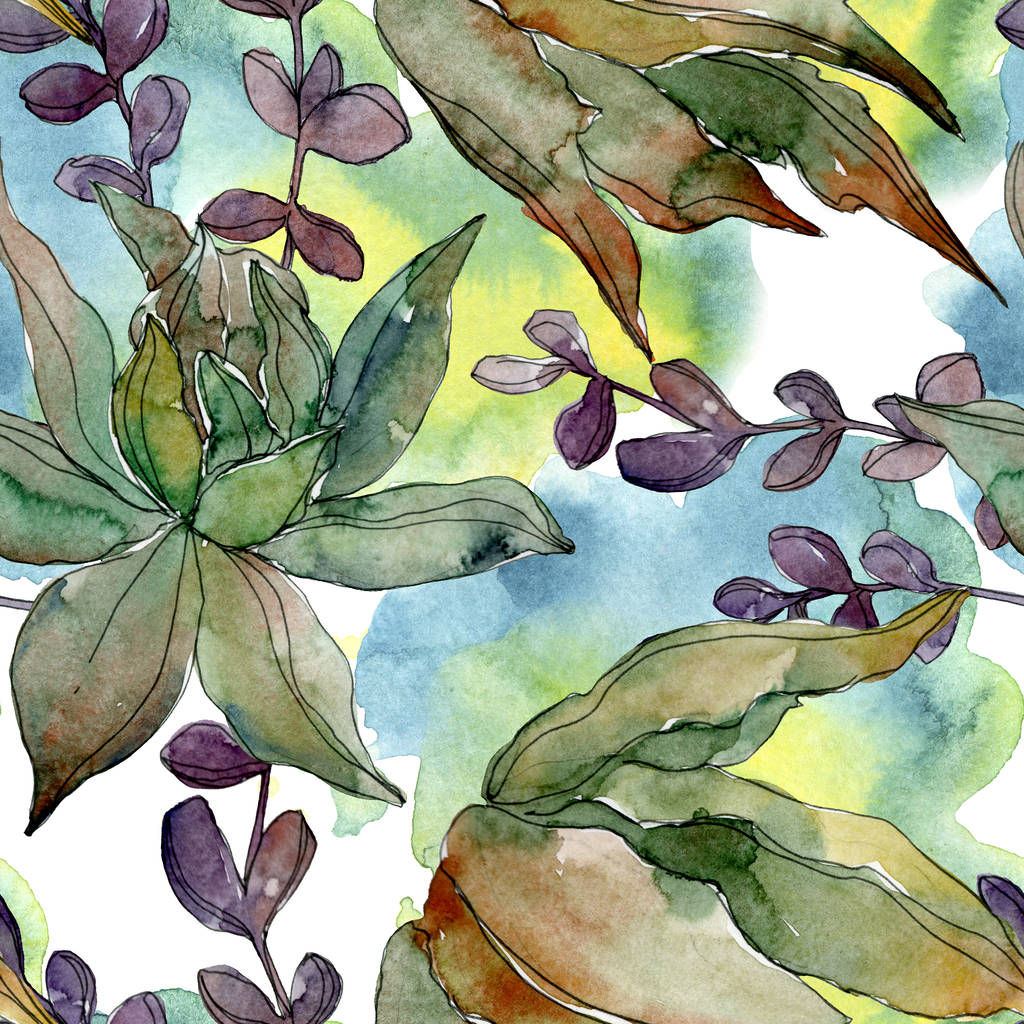 エキゾチックなトロピカル ハワイアン植物多肉植物 水彩イラスト セット シームレスな背景パターン 壁紙印刷手触りの生地 ロイヤリティフリー写真 画像素材
