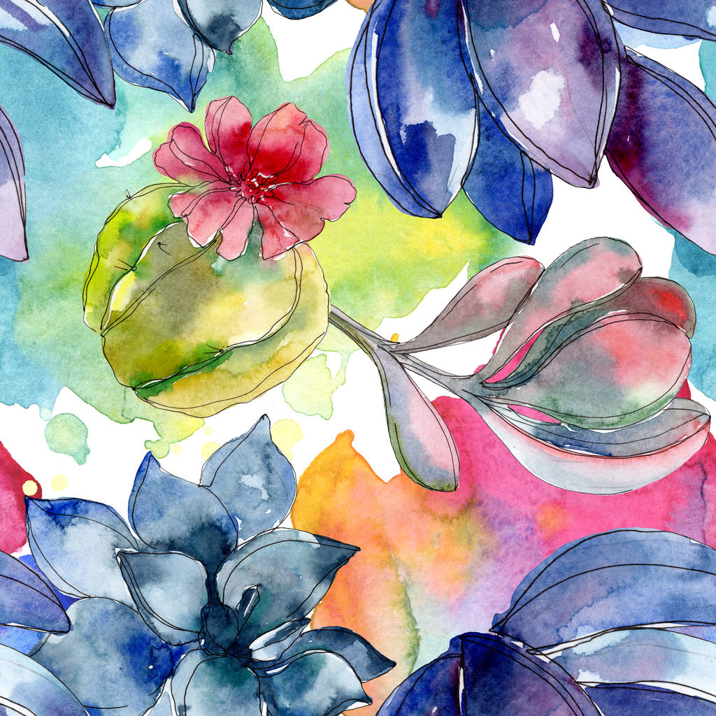 Succulent botanical flowers. Watercolor illustration set. Seamless background pattern. Fabric wallpaper print texture. - Photo, Image