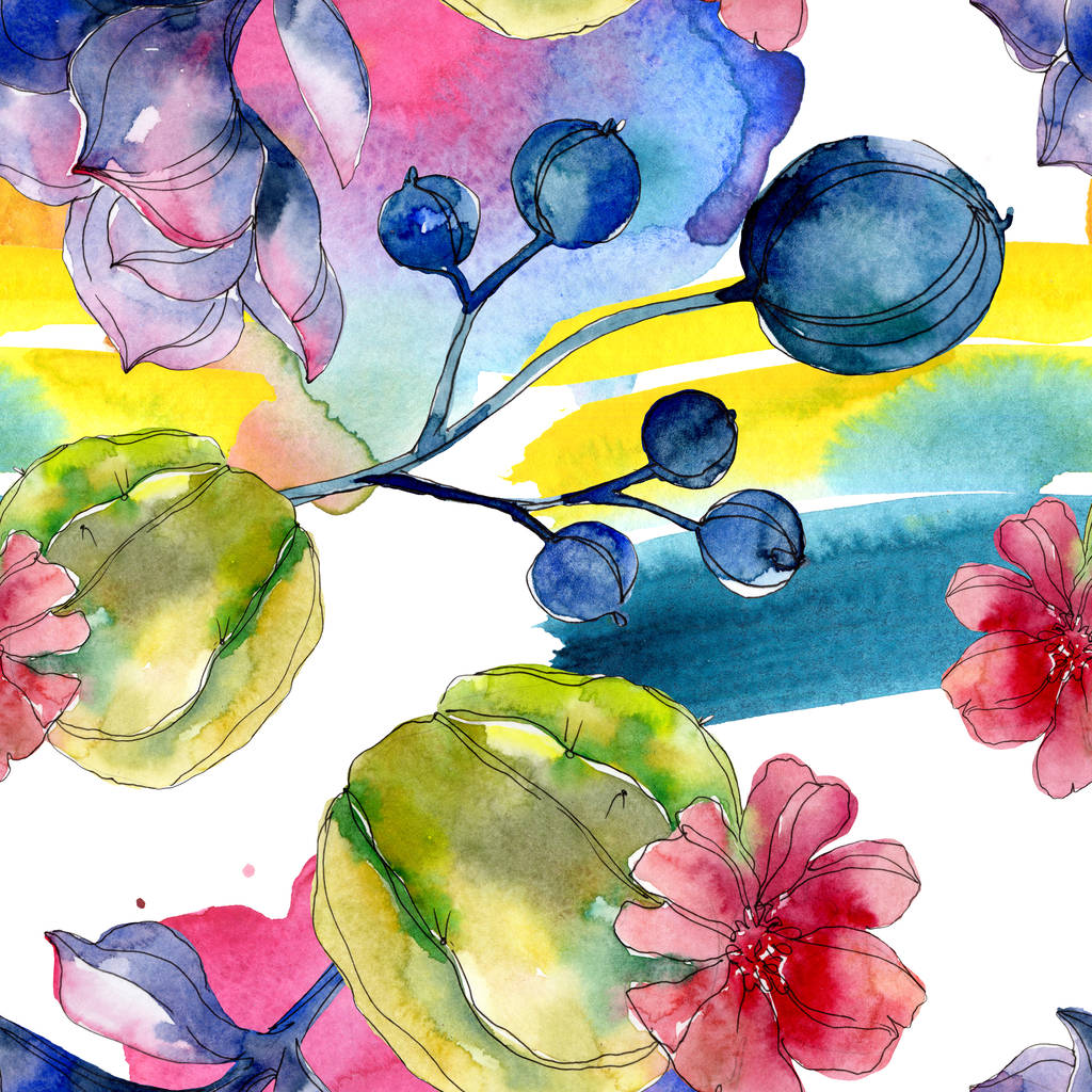 Zamatos botanikai virágok. Akvarell illusztráció készlet. Varratmentes háttérben minta. Anyagot a nyomtatási textúrát. - Fotó, kép