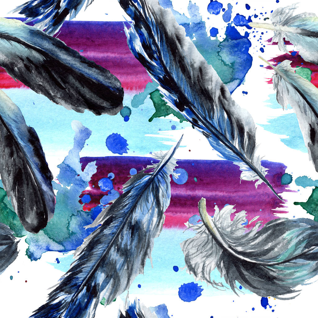 Blue and black bird feathers from wing. Watercolor background illustration set. Seamless background pattern. - Photo, Image