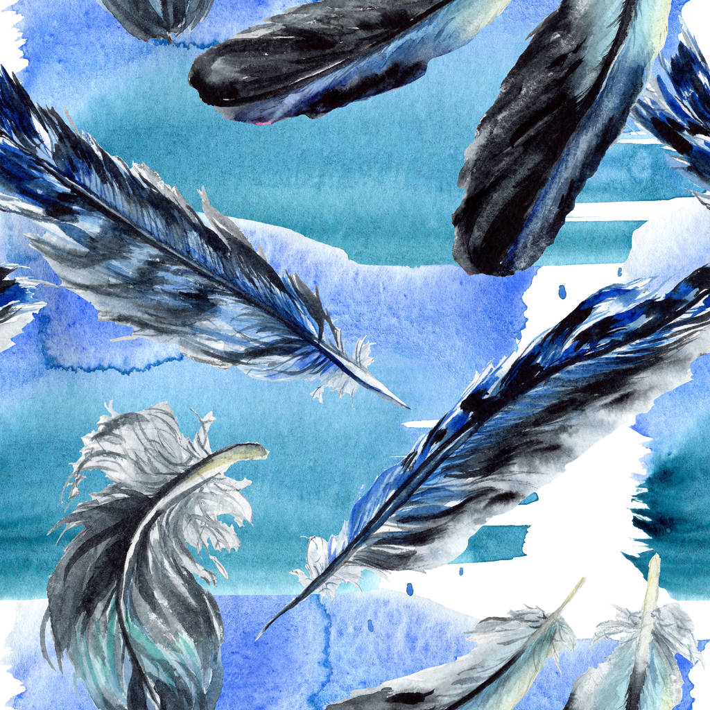 翼から青と黒の鳥の羽 水彩画背景イラスト セット シームレスな背景パターン ロイヤリティフリー写真 画像素材