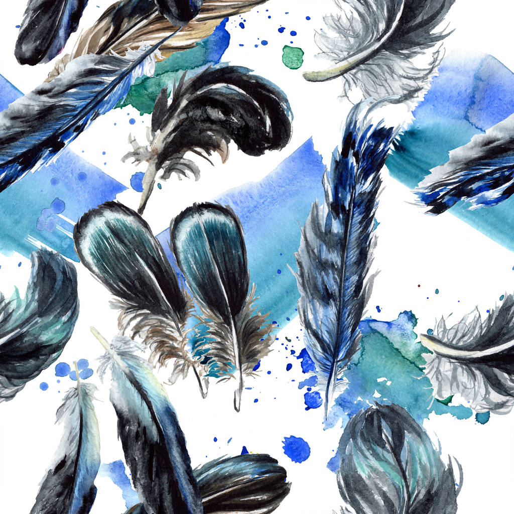 Blauwe en zwarte vogel veren van vleugel. Aquarel achtergrond afbeelding instellen. Naadloze achtergrondpatroon. - Foto, afbeelding
