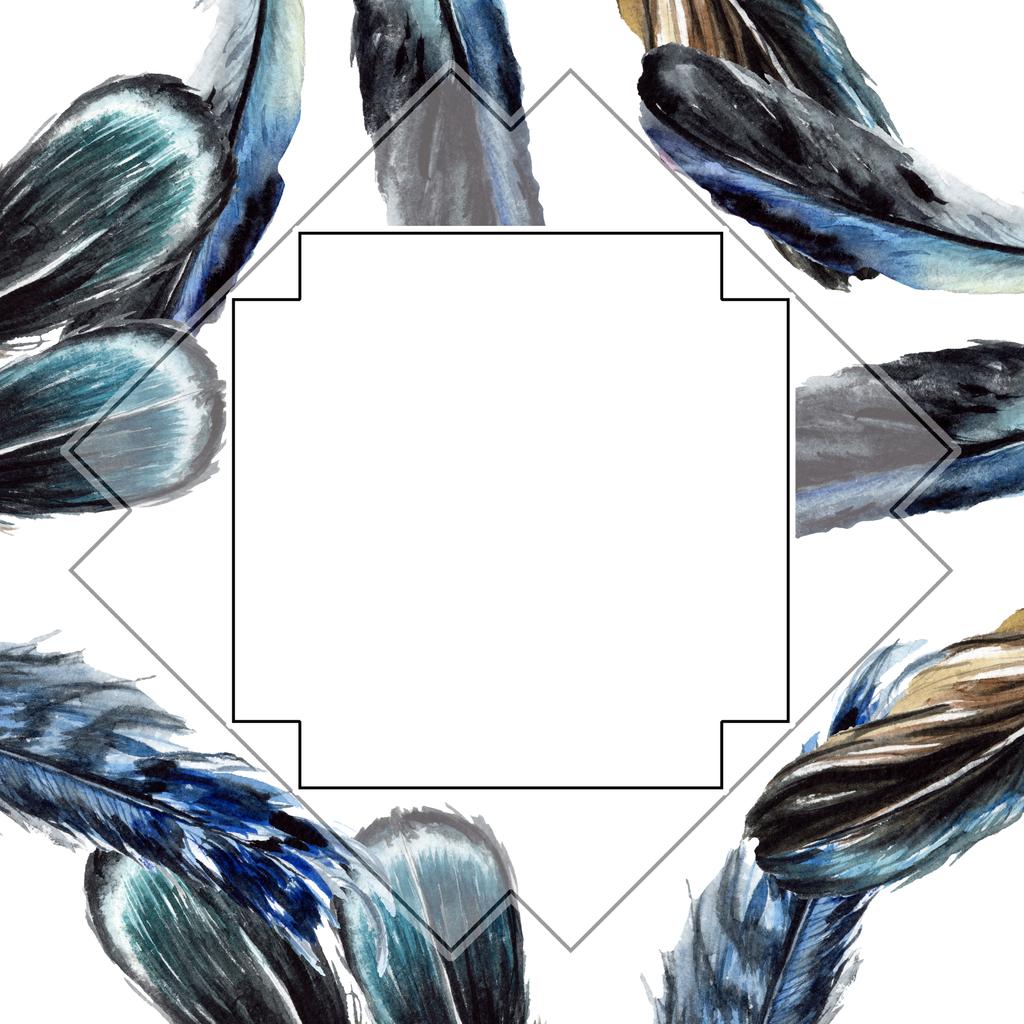Blue and black bird feathers from wing isolated. Watercolor background illustration set. Frame border ornament with copy space. - Photo, Image