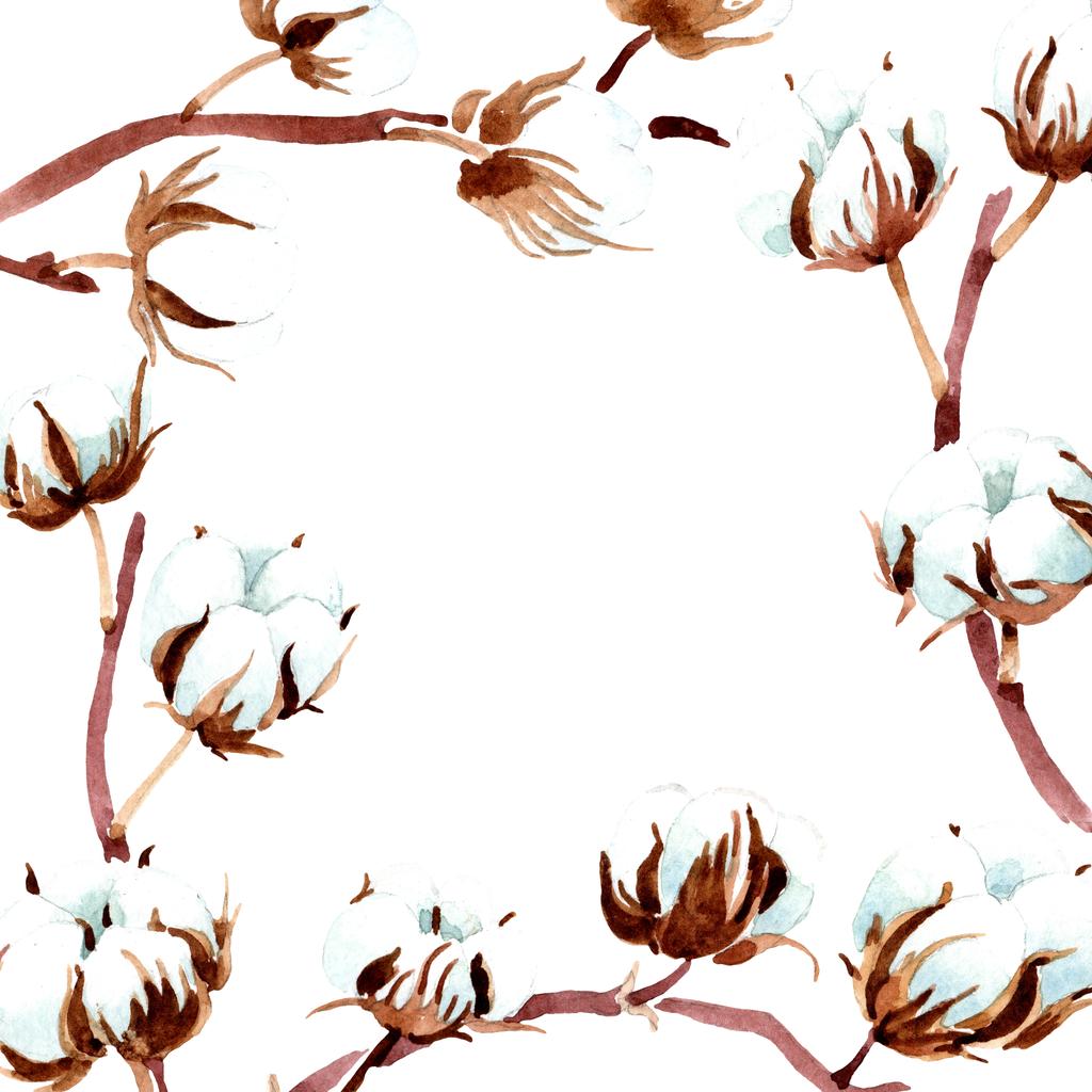 Botaniczny kwiaty bawełny. Zestaw ilustracji tle akwarela. Ornament rama granicy. - Zdjęcie, obraz