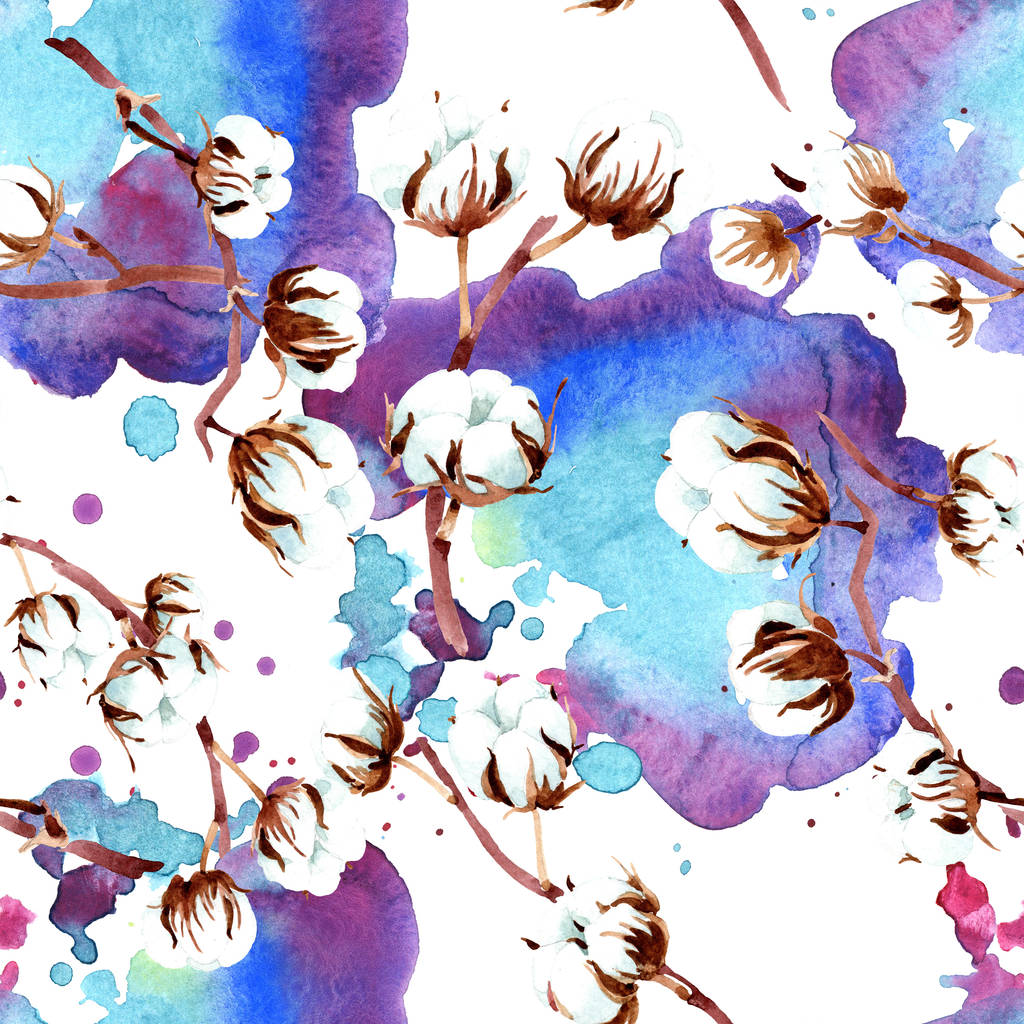 Pamut botanikai virágok. Akvarell illusztráció készlet. Varratmentes háttérben minta. Anyagot a nyomtatási textúrát. - Fotó, kép