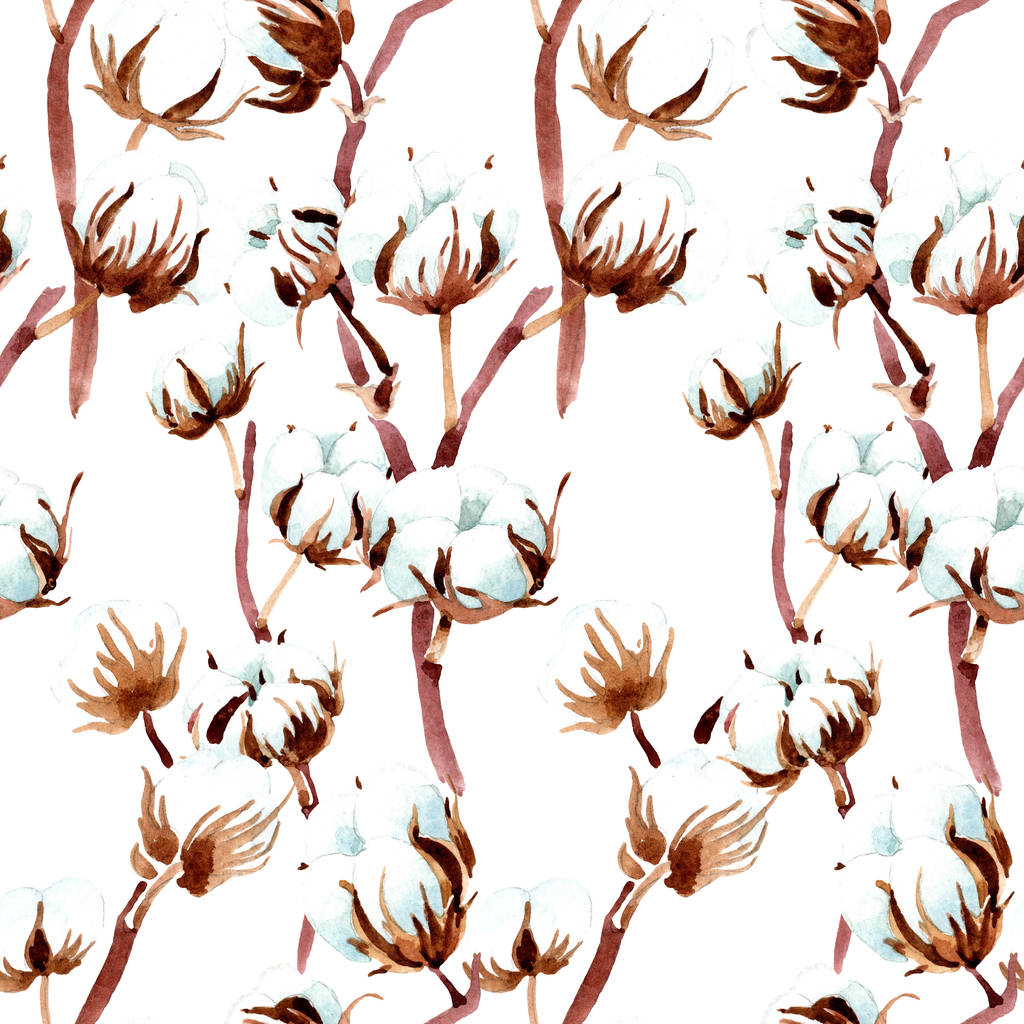 Cotton botanical flowers. Watercolor illustration set. Seamless background pattern. Fabric wallpaper print texture. - Photo, Image