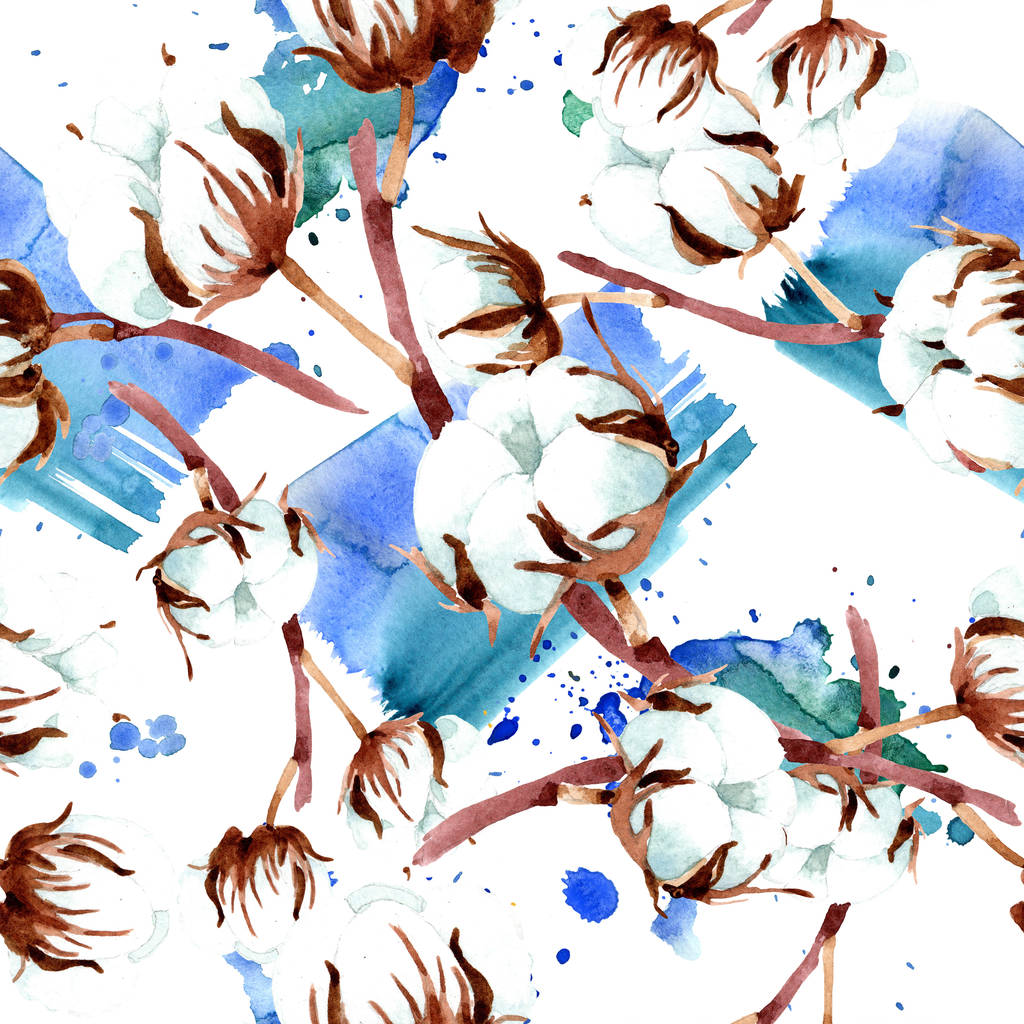 Flores botânicas de algodão. Conjunto de ilustrações aquarela. Padrão de fundo sem costura. Tecido papel de parede impressão textura
. - Foto, Imagem