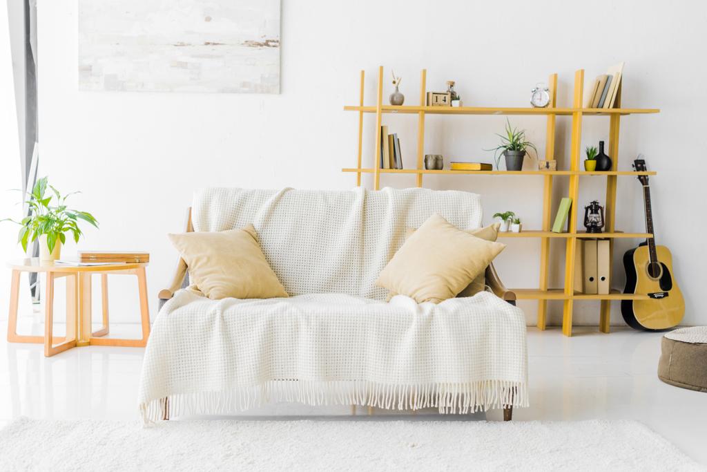 moderne woonkamer met sofa, de salontafel en de boekenplank  - Foto, afbeelding