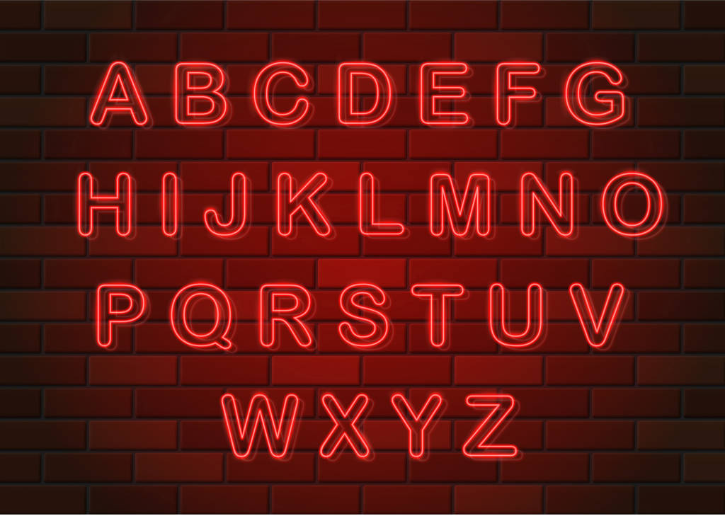 leuchtende Neon-Buchstaben Englisch Alphabet Vektor Illustration auf Backstein-Wand Hintergrund - Vektor, Bild