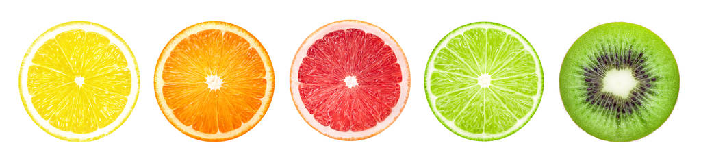 Banner de fatias de frutas isolado no fundo branco
 - Foto, Imagem