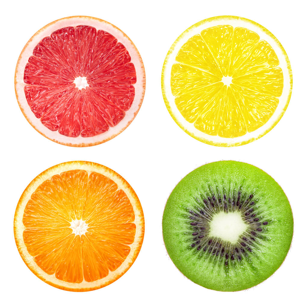 Citroen grapefruit kiwi oranje segment fruit geïsoleerd op witte achtergrond - Foto, afbeelding