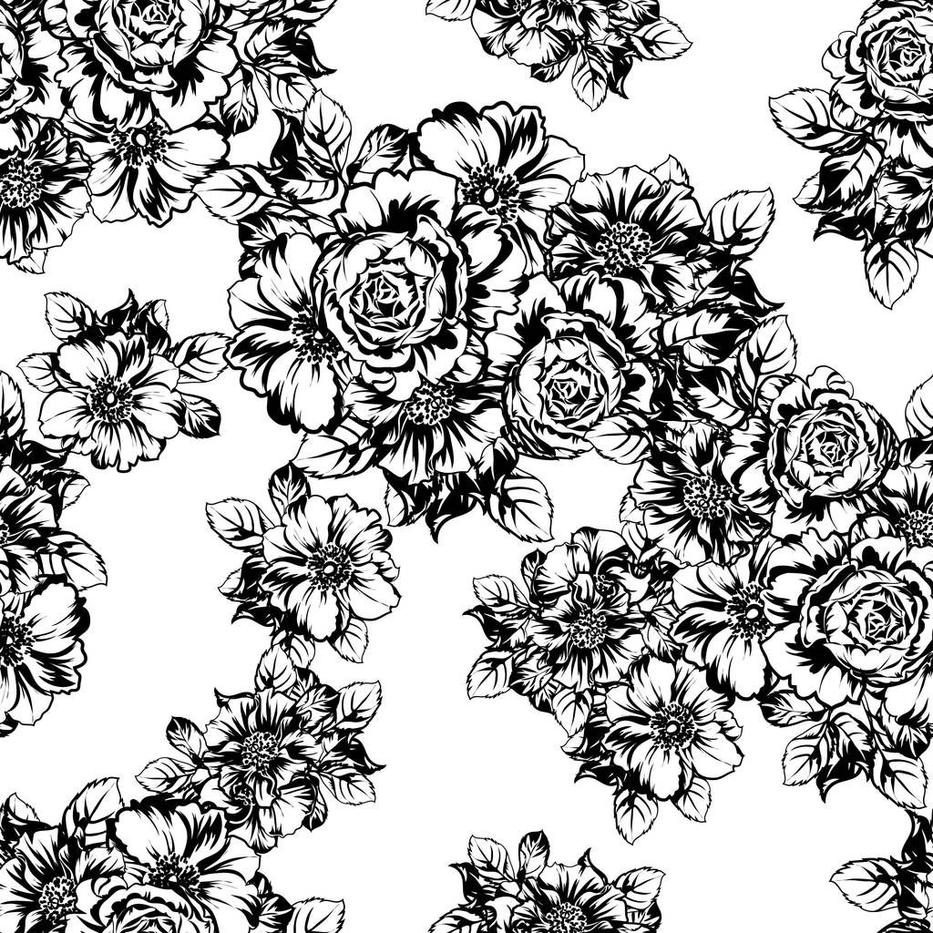 vektoros illusztráció, fekete-fehér, retro virág mintás háttérrel - Vektor, kép