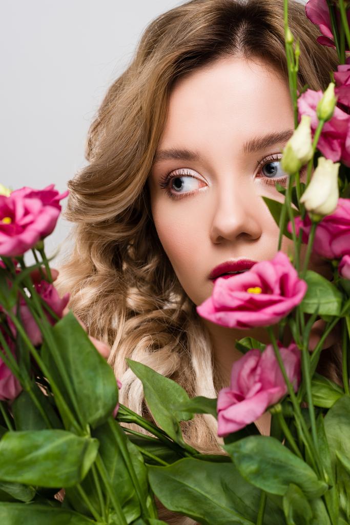 κοντινό πλάνο, όμορφη άνοιξη νεαρής γυναίκας που κρύβονται πίσω από Eustoma λουλούδια που απομονώνονται σε γκρι - Φωτογραφία, εικόνα