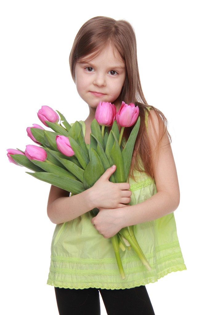 Imagen de una hermosa chica con un ramo de tulipanes
 - Foto, Imagen