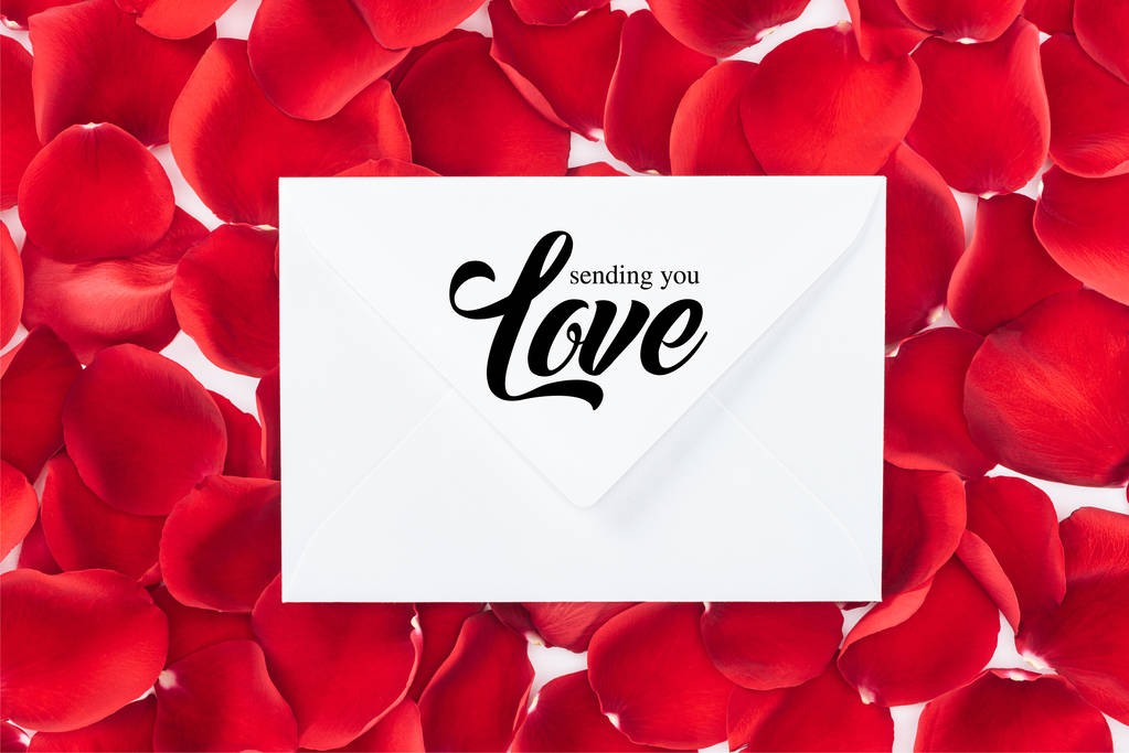 bovenaanzicht van de envelop met "het verzenden van dat je liefde" belettering en rode rozenblaadjes op achtergrond - Foto, afbeelding