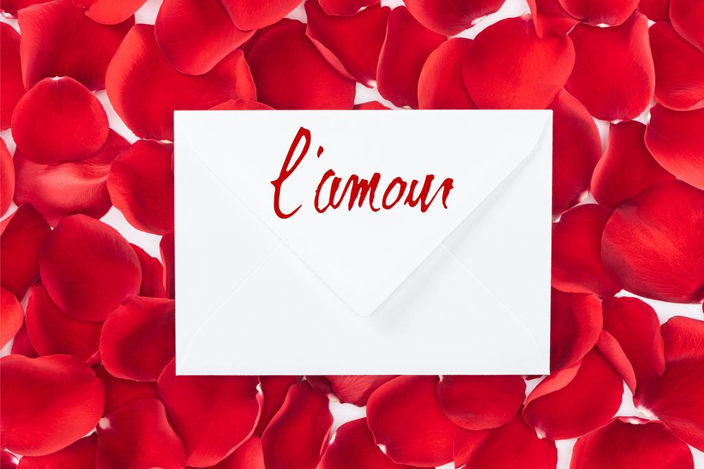 bovenaanzicht van de envelop met "lamour" belettering en rode rozenblaadjes op achtergrond - Foto, afbeelding