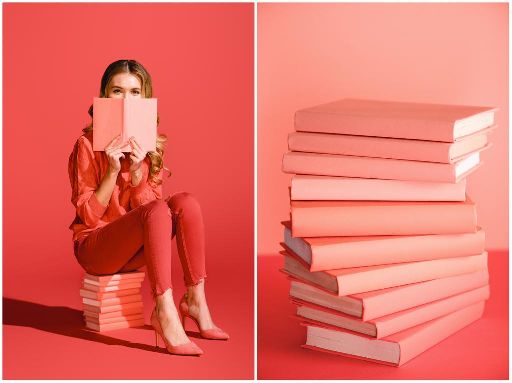 collage met levende koraal boeken en elegante meisje leesboek. PANTONE-kleur van het jaar 2019-concept - Foto, afbeelding