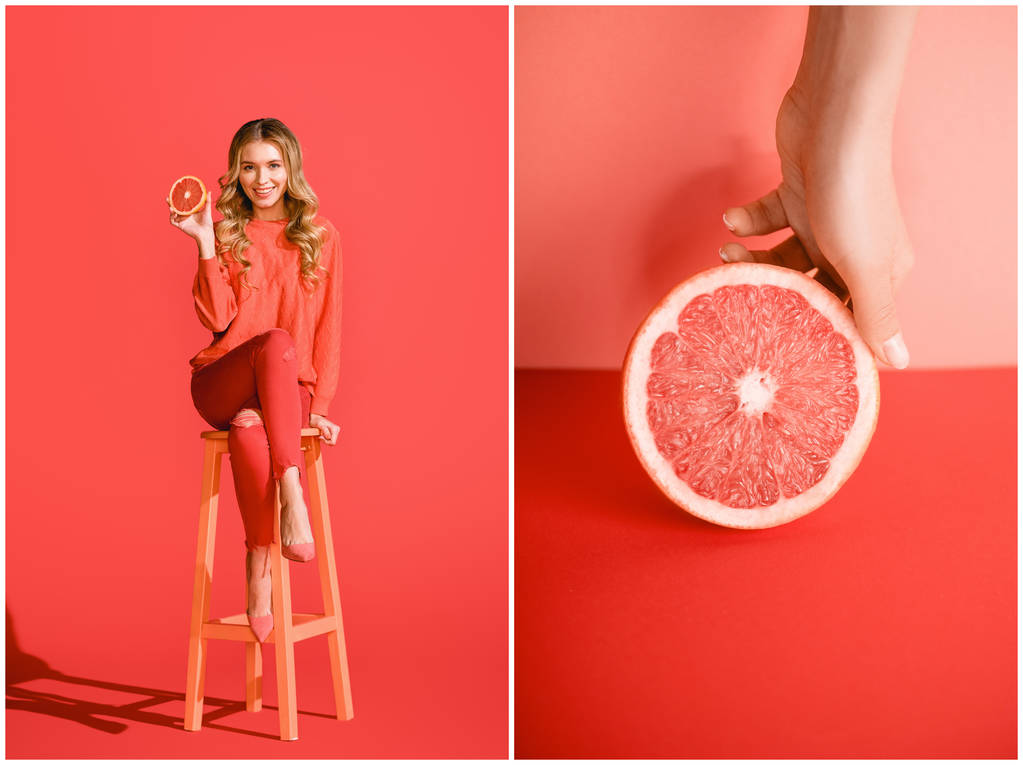 collage with attractive woman and fresh grapefruit on living coral. Pantone color of the year 2019 concept - Photo, Image