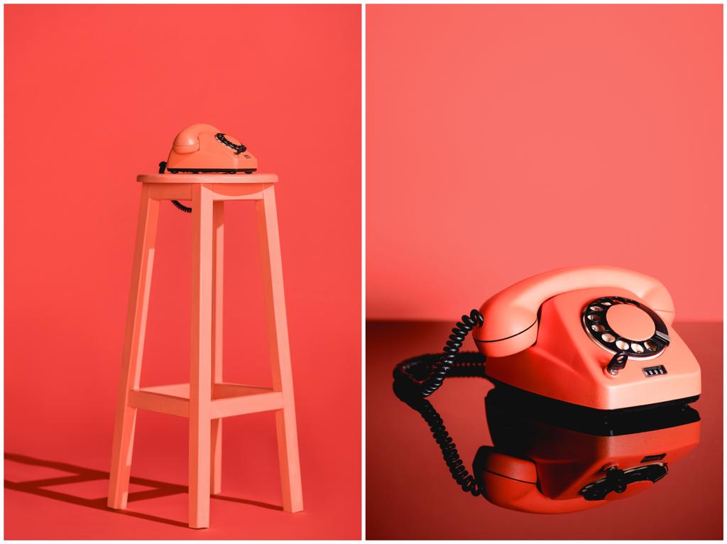 collage with Living coral vintage rotary phone on stool. Pantone color of the year 2019 concept - Photo, Image