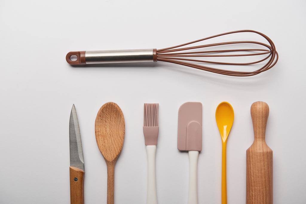 flat lay with cooking utensils on grey background  - Photo, Image