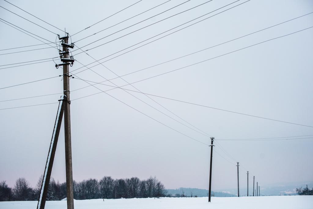 postes eléctricos con alambres en campo cubierto de nieve
 - Foto, imagen