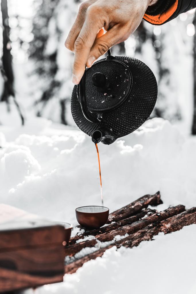 gedeeltelijke weergave van mannelijke reiziger gieten thee uit de ketel in beker in winter forest - Foto, afbeelding