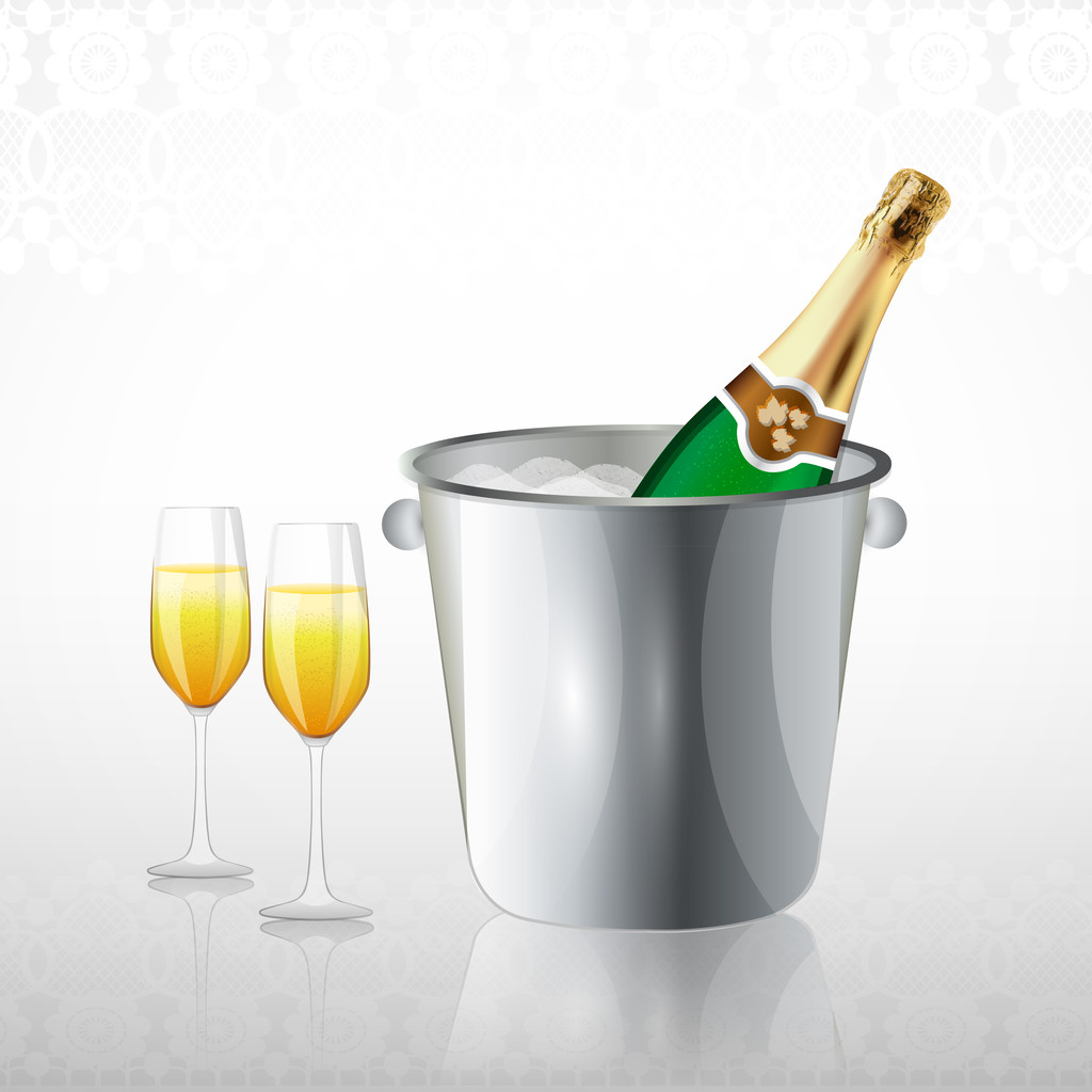 Full glasses and a bottle of champagne in a bucket with ice - Vector, Image