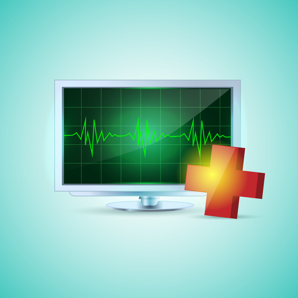 A flat screen on turquoise and medical cross. Colorful display shows a heartbeat - Vector, Image