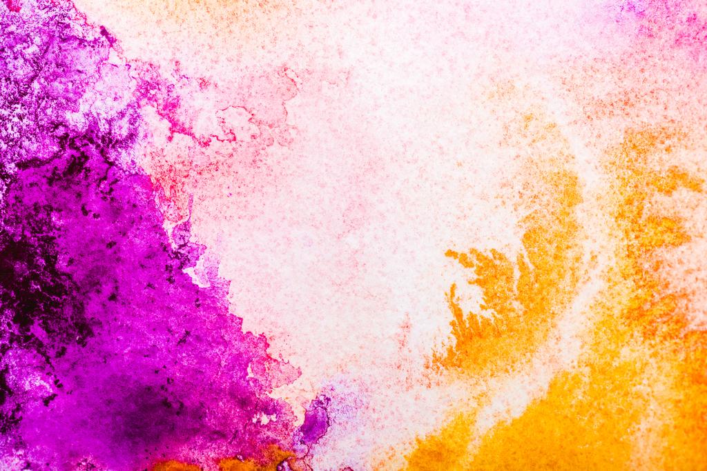 top view of yellow and pink watercolor spills on white background with copy space - Photo, Image