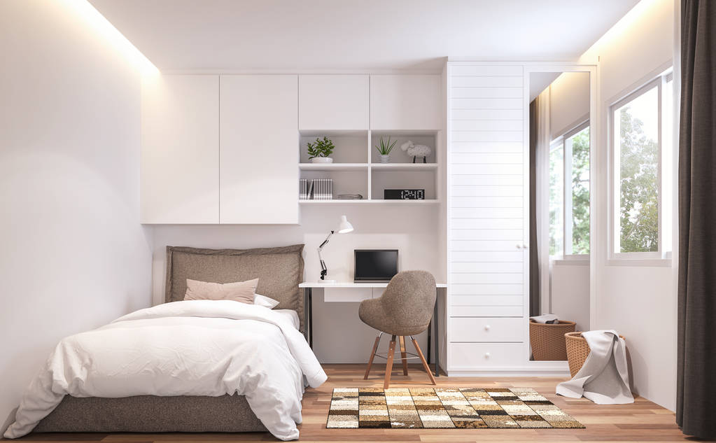 Підліткова спальня 3d рендерингу, є дерев'яна підлога і біла стіна. Обставлена коричневим ліжком і білим шафою. Є вікно з білою рамкою з видом на природу
. - Фото, зображення