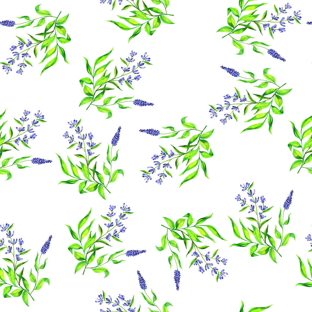 Wzór z ziołowych niebieski i zielony bukiet na białym tle. Ilustracja akwarela.  - Zdjęcie, obraz