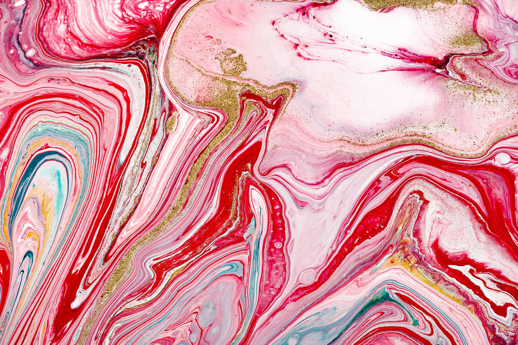 Hand painted backgrounds. Pink, white and yellow mixed acrylic paints. Liquid marble texture. Applicable for design packaging, labels, business cards, placard, covers, textile and decor interior - Photo, Image