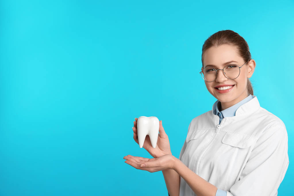 Dentista feminina segurando modelo de dente no fundo de cor. Espaço para texto
 - Foto, Imagem