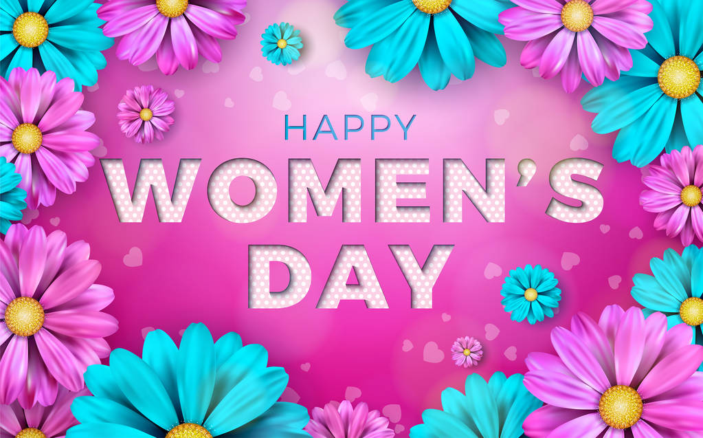 8. März. Glückliche Glückwunschkarte zum Frauentag. Internationale Feiertags-Illustration mit Blumenmuster auf rosa Hintergrund. Vektor Frühlingsfest Vorlage. - Vektor, Bild