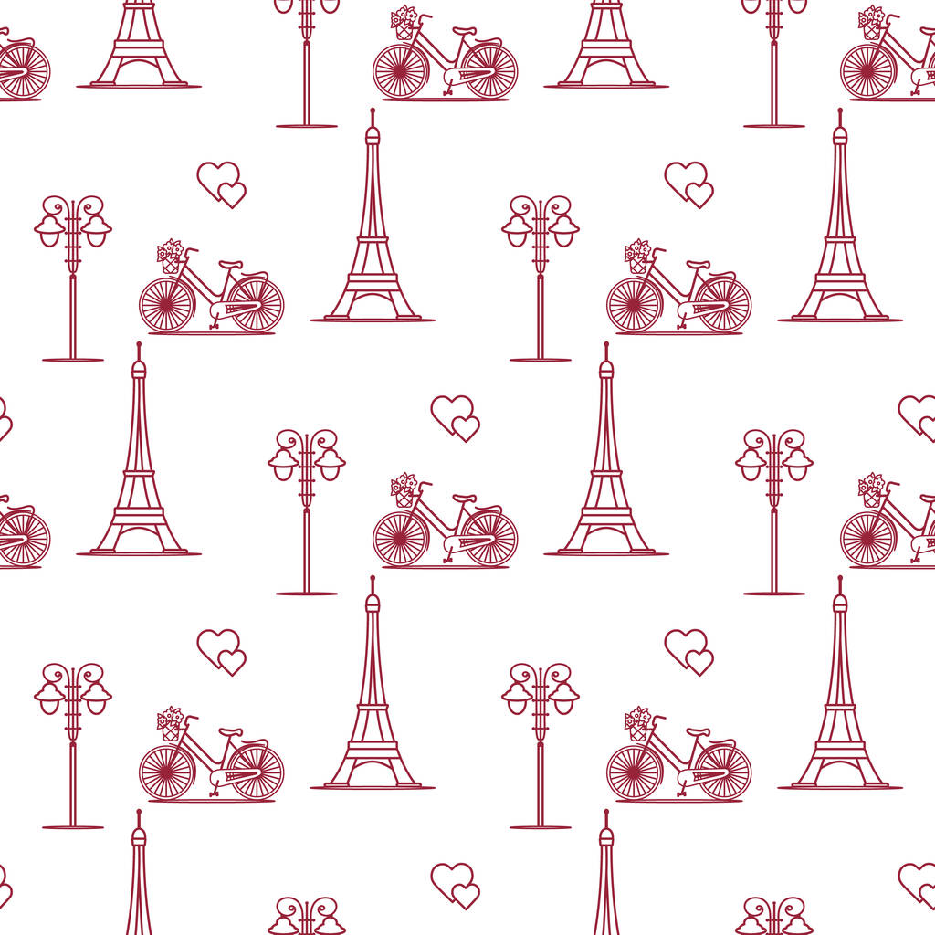 Απρόσκοπτη μοτίβο με το διάσημο Πύργο, ποδήλατο, φανάρι, καρδιές. Ταξίδια και αναψυχή. Ημέρα του Αγίου Βαλεντίνου. Ρομαντικό υπόβαθρο. - Διάνυσμα, εικόνα