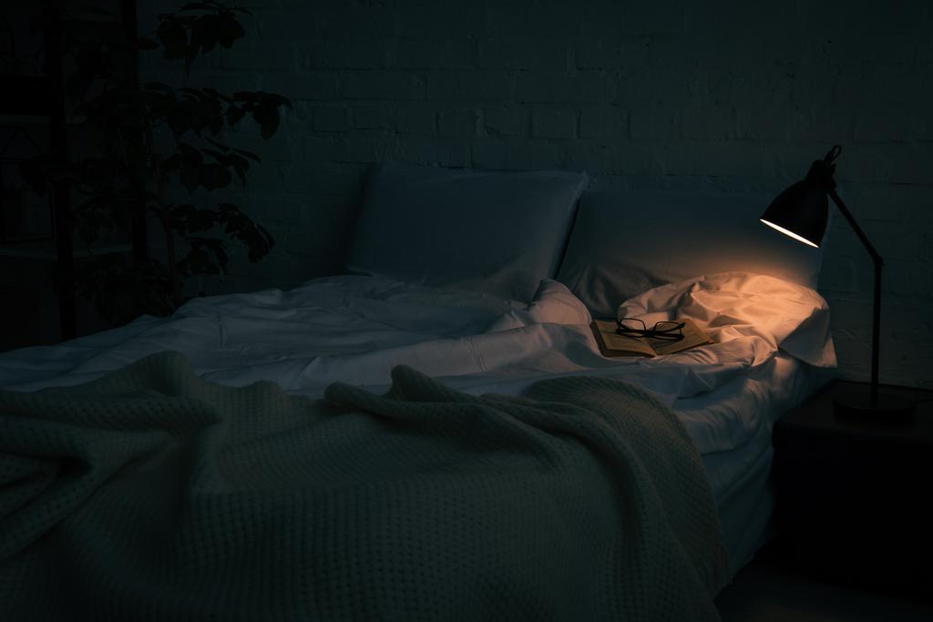 kniha a brýle na prázdnou postel, rostlin a lampu na nočním stolku černá v noci - Fotografie, Obrázek