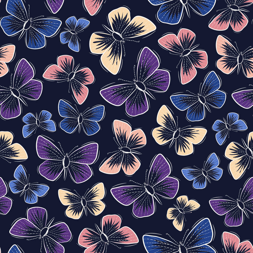 nahtloser Hintergrund farbiger Schmetterlinge in weißen Konturen auf dunklem Hintergrund - Vektor, Bild