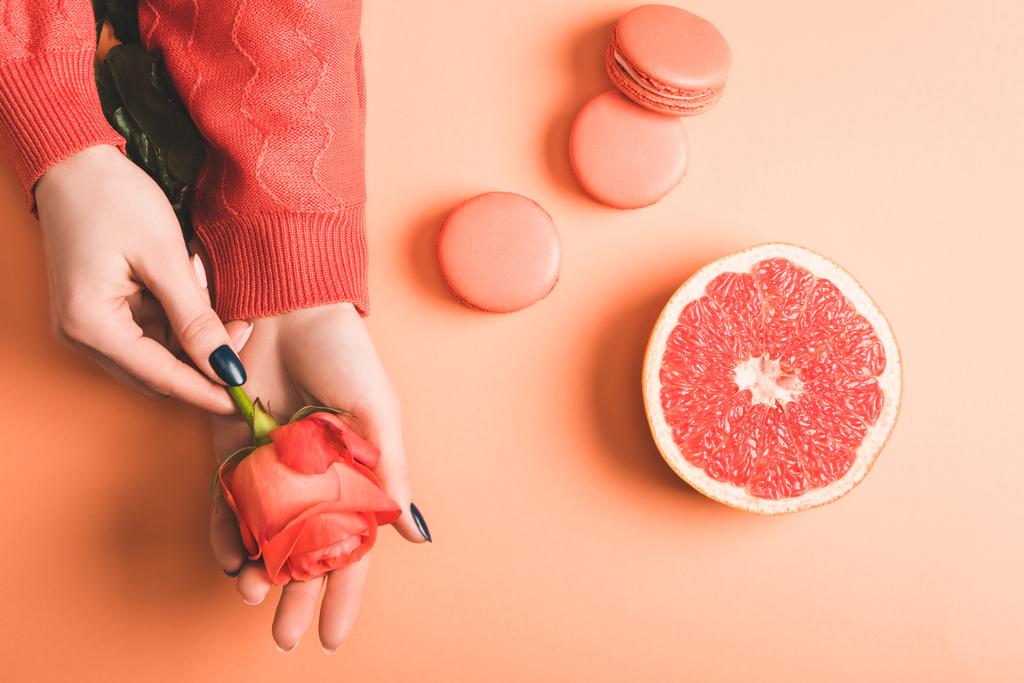 oříznutý pohled ženy držící korál růžový květ, macarons a grapefruit, polovinu na korálových pozadí, barva konceptu 2019 - Fotografie, Obrázek